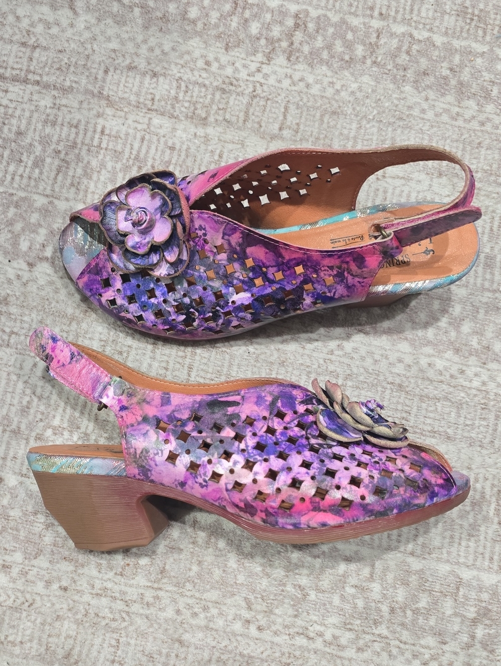 Art-to-Wear Floral Leather Slingback Heels – Eclectic Boho Artisan Style, 11 - Picture 3 of 15